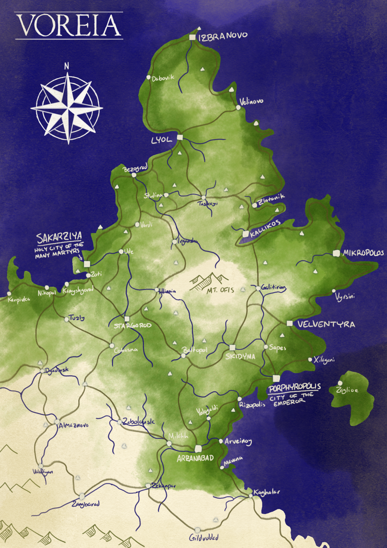 The inaccurate, in-universe map of Voreia (the setting of my Cataphracts game), which all commanders see.